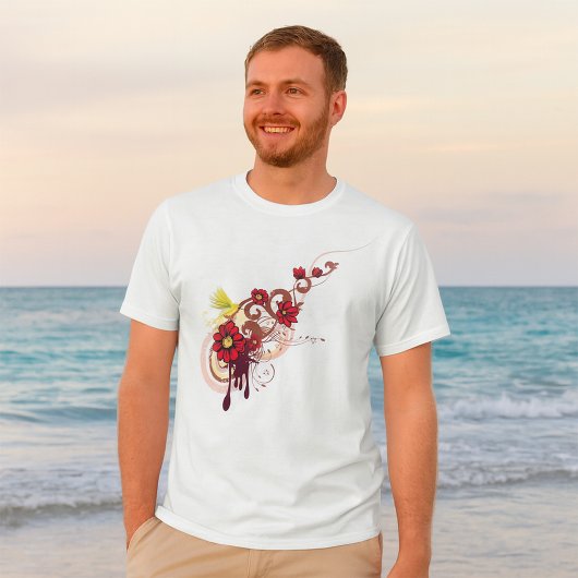 Blumenwirbel mit roten Blume und Hummingbird T-Shirt