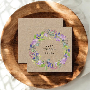 Blumenwreath-lila Blumen Kraftpapier Quadratische Visitenkarte