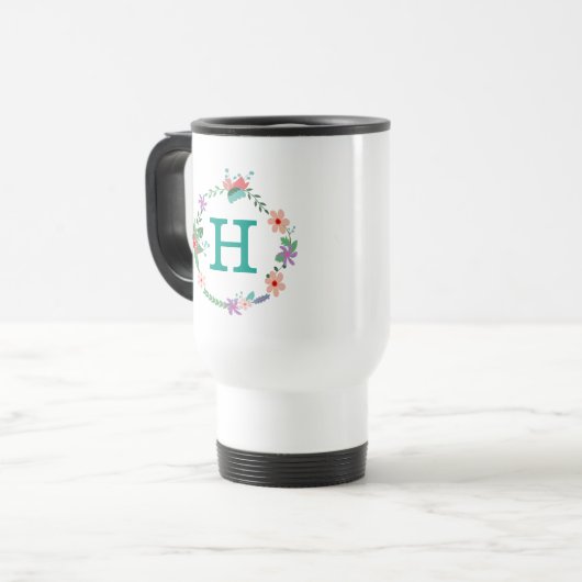Blumenwreath-mit Monogramm Reise-Tasse Reisebecher (Vorderseite Links)