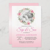 Blumenwreath-Rosa SIP u. SEHEN Mädchen | FOTO Einladung (Vorne/Hinten)