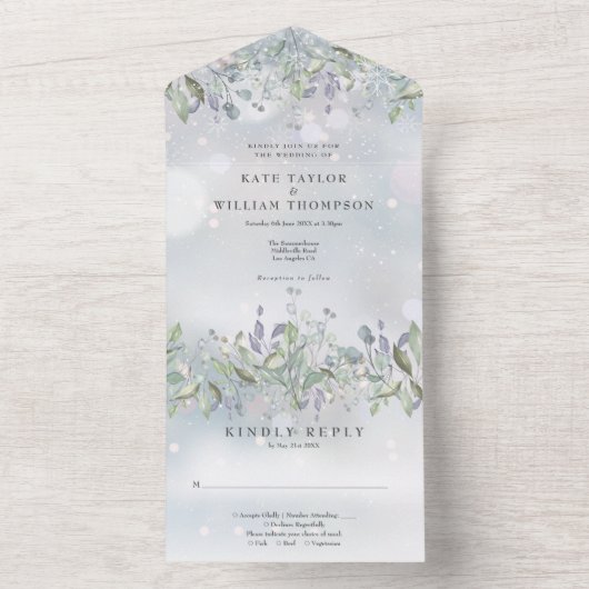 Blumenzange und Lilac-Monogramm-Winterhochzeit All In One Einladung (Innen Boden)