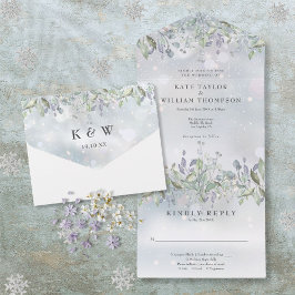 Blumenzange und Lilac-Monogramm-Winterhochzeit All In One Einladung
