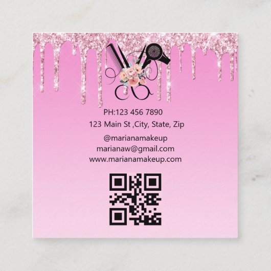 Blumenzarge Haarstylus Schere qr Glitzer rosa Quadratische Visitenkarte (Rückseite)