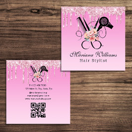 Blumenzarge Haarstylus Schere qr Glitzer rosa Quadratische Visitenkarte