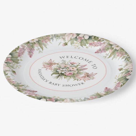 Blumenzauber, Begrüßungsmädchen, Babymädchendusche Pappteller (Schrägansicht)