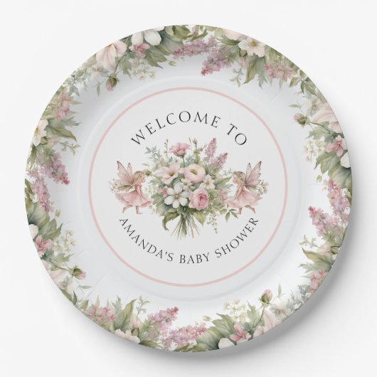 Blumenzauber, Begrüßungsmädchen, Babymädchendusche Pappteller (Vorderseite)