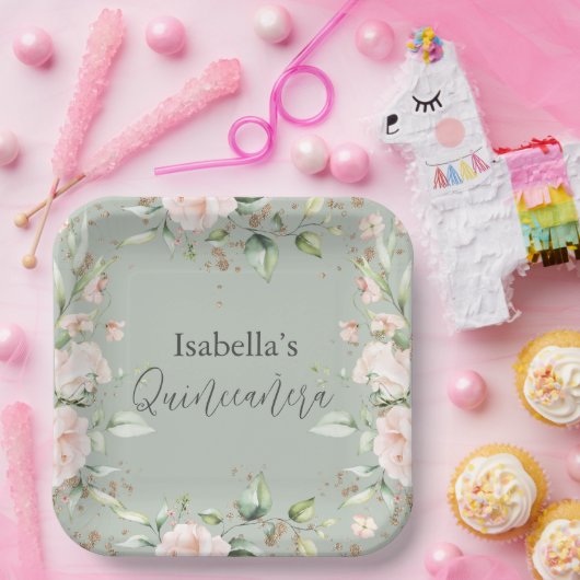 Blumenzettel Grünes Aquarellpapier Pappteller (Party)