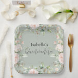 Blumenzettel Grünes Aquarellpapier Pappteller<br><div class="desc">Pastel Weiß grüner Hintergrund mit weichen Aquarellfarben Rose & Grüntönen. Ein perfekter Teller für einen perfekten Ort für alle Ihre Quinceañera Gäste.</div>