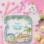 Blumenzettel mit blauen und grünen Dinosauriern Ge Pappteller (Party)