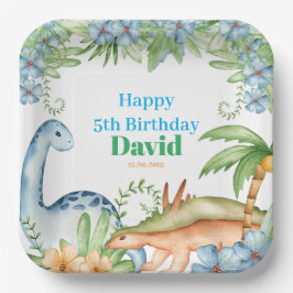 Blumenzettel mit blauen und grünen Dinosauriern Ge Pappteller