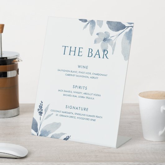 Blumenzettel mit blauen Wasserfarben - Hochzeitsme Sockelschild (In SItu)