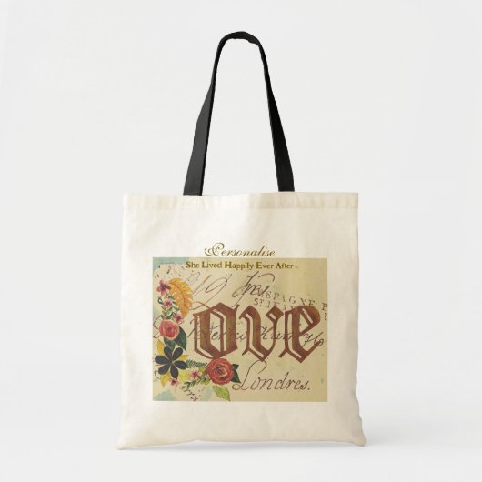 Blumenzettel Vintage Muster Goldtypografie Tragetasche (Vorne)