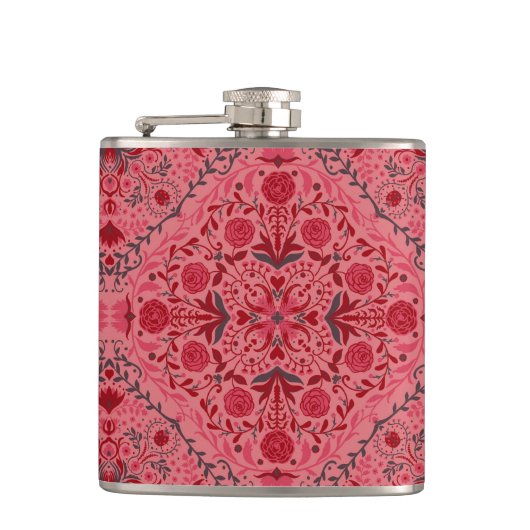 Blumenziegel in Rot und Wassermelone in Rosa Flachmann (Vorderseite)