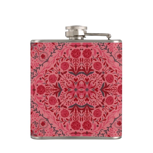 Blumenziegel in Rot und Wassermelone in Rosa Flachmann (Rückseite)