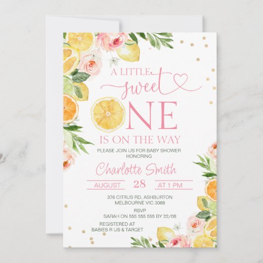 Blumenzitrus Eine kleine süße Dusche für ein Baby Einladung (Vorderseite)