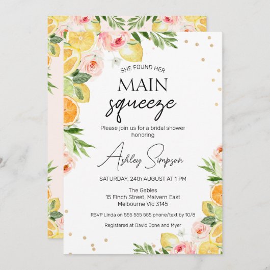Blumenzitrus Hauptpresse Brautparty gefunden Einladung (Vorne/Hinten)