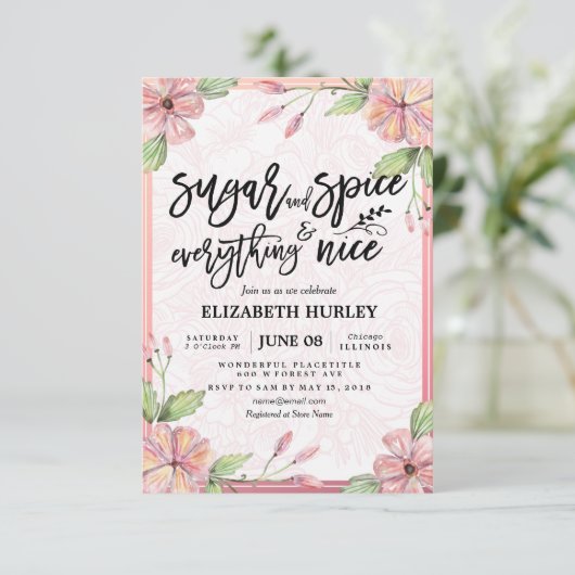 Blumenzucker & Gewürze & Alles Nette Babydusche Einladung (Stehend Vorderseite)