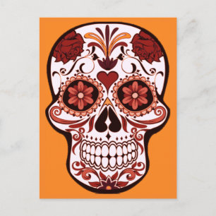 Blumenzucker-Schädel-Tag-der-Toten-Kunst Orange Feiertagspostkarte
