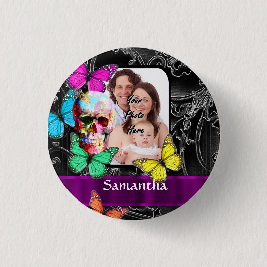 Blumenzucker-Schädel und Schmetterlinge Button (Vorderseite)