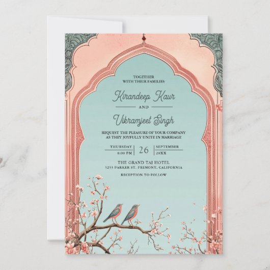 Blumenzweig Arch Romantische Vögel Indische Hochze Einladung (Vorderseite)