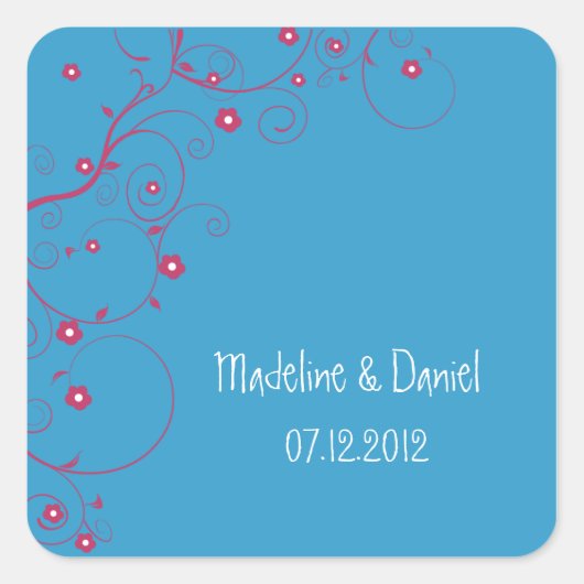 Blumenzweig - Save the Date Labels (blau) Quadratischer Aufkleber (Vorderseite)