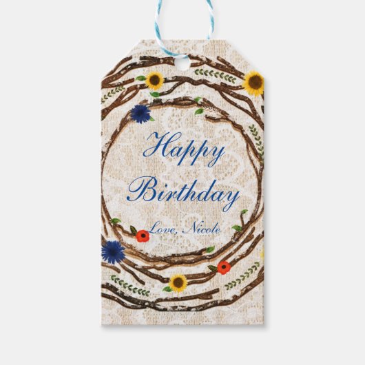 Blumenzweige Rustikale Burlap- & Lace-Geschenkmark Geschenkanhänger (Vorderseite)