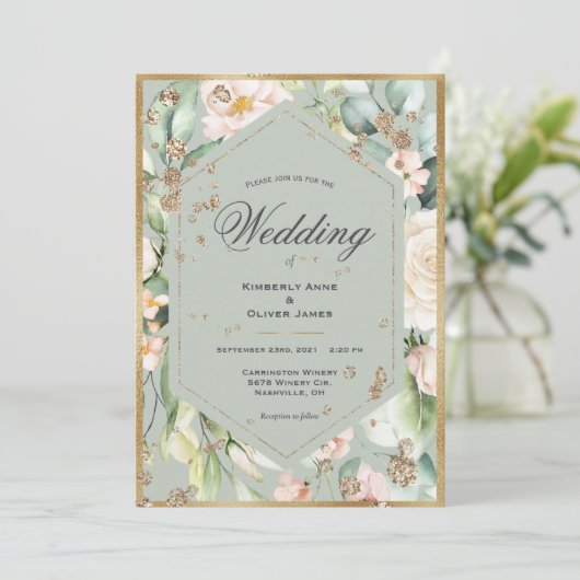 Blumenzwiebelblumen mit grünen Goldrahmen Einladung (Stehend Vorderseite)
