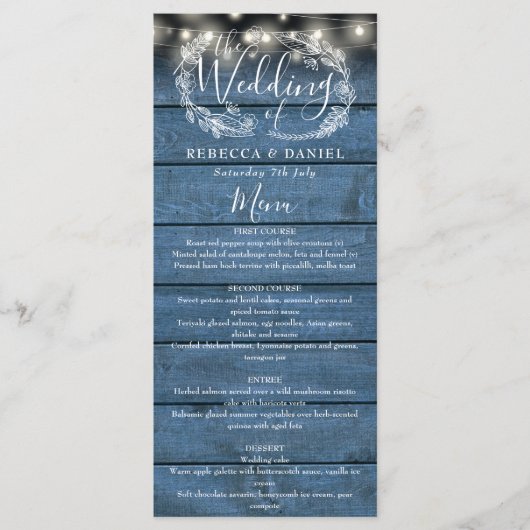 Blumenzwiebellichtblauer Hochzeitstag aus Holz Menükarte (Vorderseite)