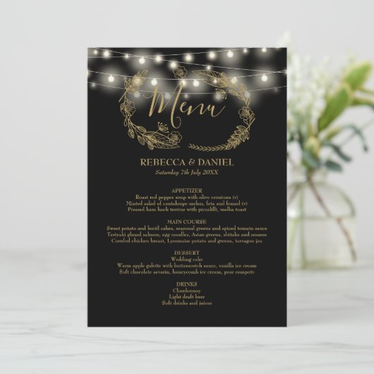 Blumenzwiebellichter in Schwarz und Gold Menükarte (Stehend Vorderseite)