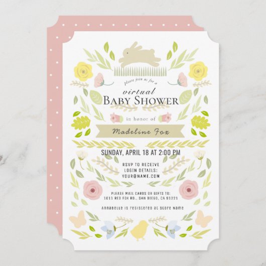 Blumenzwiebeln Blätter Pink Virtual Baby Dusche Einladung (Vorne/Hinten)