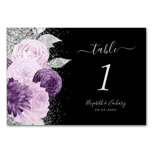 Blumenzwiebeln Lila Silberzettel Glitzer Tischnummer (Rückseite)