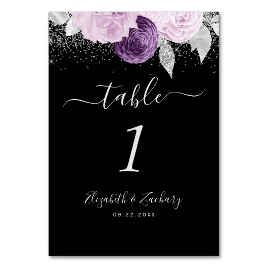 Blumenzwiebeln Lila Silberzettel Glitzer Tischnummer (Vorderseite)