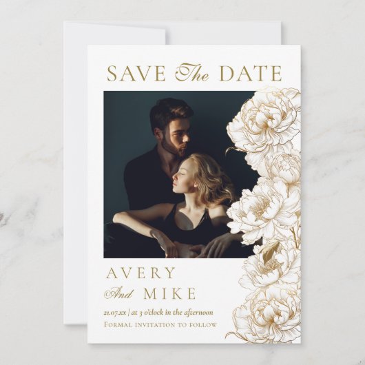 Blumenzwiebeln Weißer Golden Foto Hochzeit Save The Date (Vorderseite)