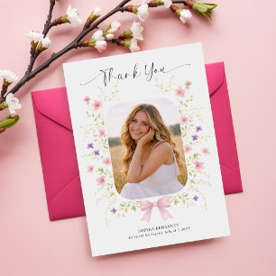 Blumig Elegant Foto Rosa Schleife Abschluss Danke Postkarte