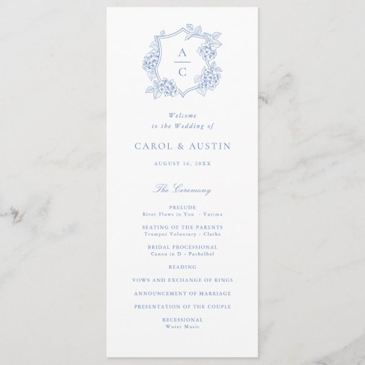 Blumig elegante blaue Hortensien-Hochzeitsprogramm Programm (Vorderseite)