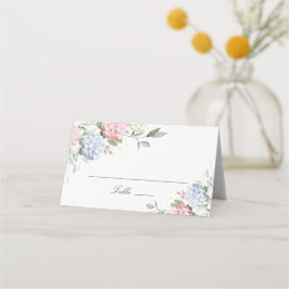 Blumig elegante blaue und rosa Hortensien-Platzkar Platzkarte