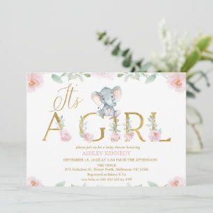 Blumig rosa Mädchen-Elefanten-Baby-Shower-Einladun Einladung