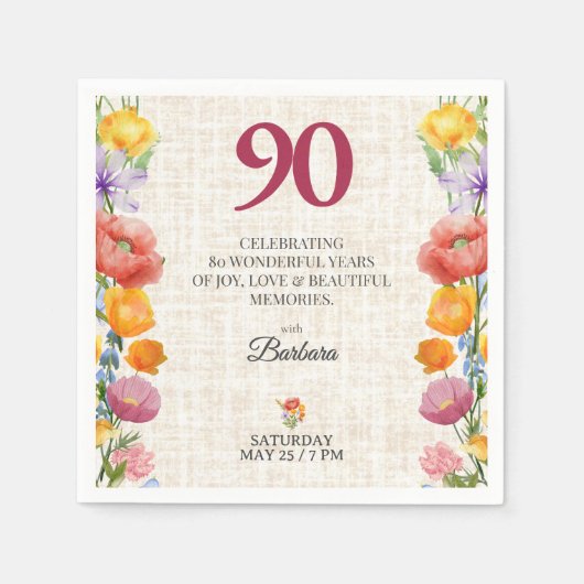 Blumige 90. Geburtstagsfeier - Chic Leinengarten Serviette (Vorderseite)