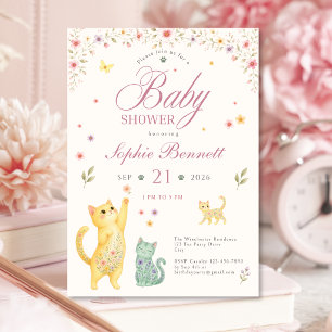 Blumige Babyparty-Einladung für Mädchen mit Katzen Einladung