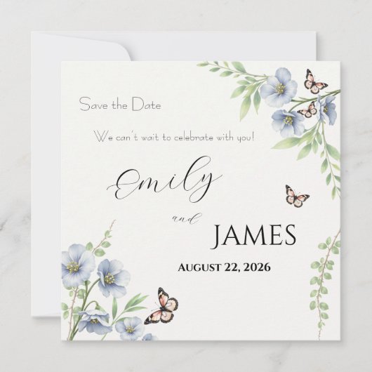 Blumige blaue Hochzeit - Save the Date (Vorderseite)
