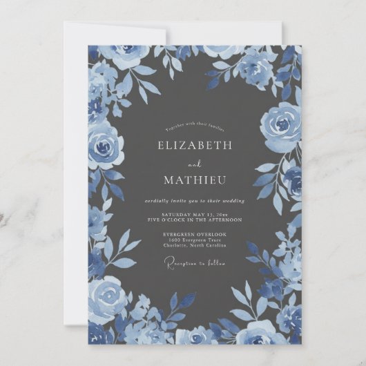 Blumige blaue Hochzeitsbogen Einladung (Vorderseite)