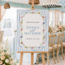 Blumige blaue Streifen Hochzeit Willkommensschild