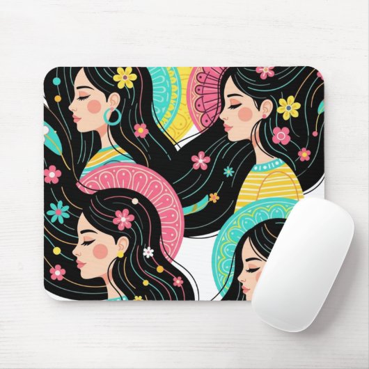 Blumige Bohemian-Frauen-Illustrations-Kunst  Mousepad (Mit Mouse)