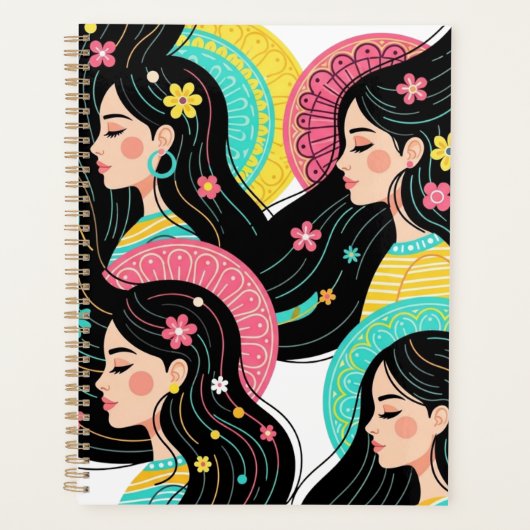 Blumige Bohemian-Frauen-Illustrations-Kunst Planer (Vorderseite)