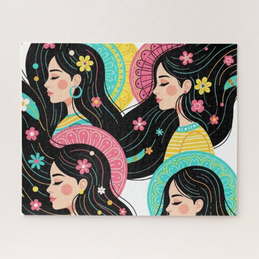Blumige Bohemian-Frauen-Illustrations-Kunst Puzzle (Horizontal)