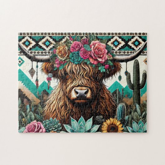 Blumige Boho Highland Kuh Puzzle (Horizontal)