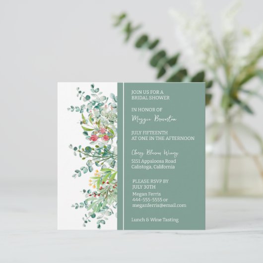Blumige botanische Hochzeitsduscheinladung Einladung (Stehend Vorderseite)
