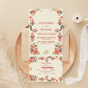 Blumige bunte Volkskunst-Hochzeit All In One Einladung