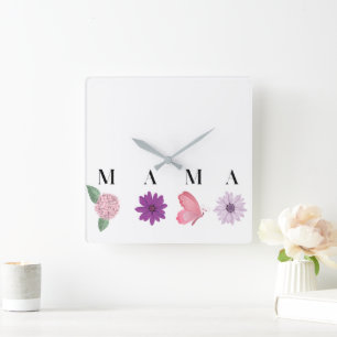 Blumige Cottagecore-Mama-Wanddekoration, Schmetter Quadratische Wanduhr