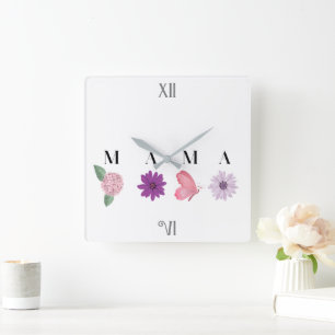 Blumige Cottagecore-Mama-Wanddekoration Schmetterl Quadratische Wanduhr